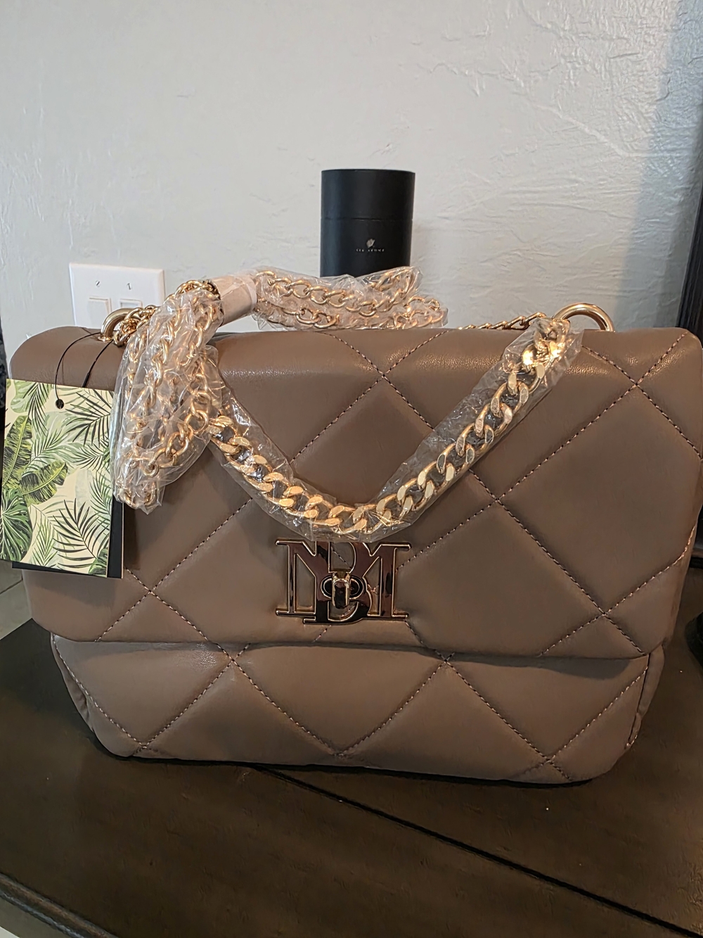Badgkley Mischka Quilted Taupe Chain Shoulder Bag with Gold Hardware